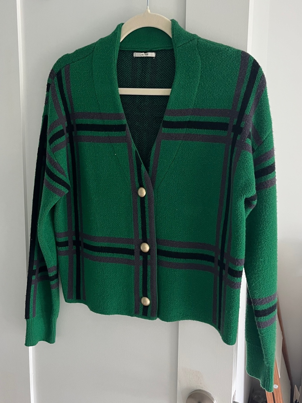 Tularosa Emerald Green Plaid Button Cardigan with Black Stripes